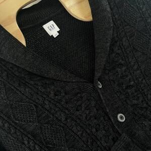 Gap Cable Knit Heavy Button Up Cardigan Womens Medium Black Cotton Academia